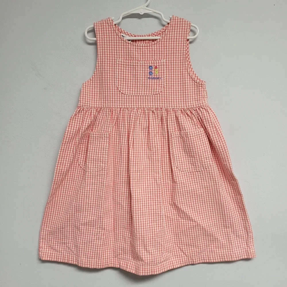 Vintage OshKosh Bgosh Pinafore Dress Girls 6X Pink Gingham Made USA Cotton Plaid